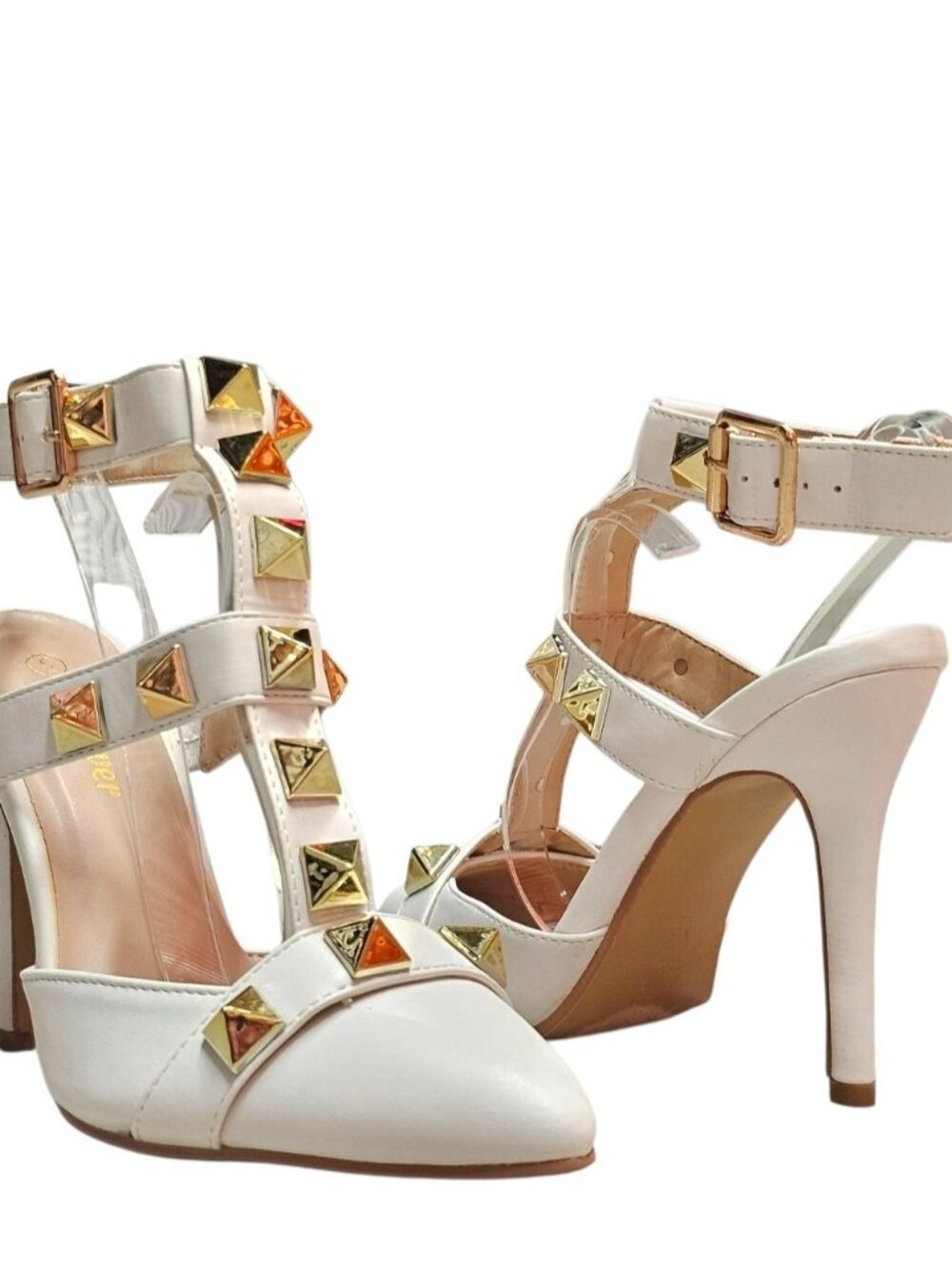 White Studded Pointed-Toe High Heels With Adjustable Buckle Strap & T-Strap Desi - Picture 6 of 15